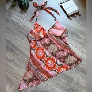 Vintage Y2K 90s Touch 9 Sheer Paisley Asymmetrical Hem Triangle Halter Top Sz M